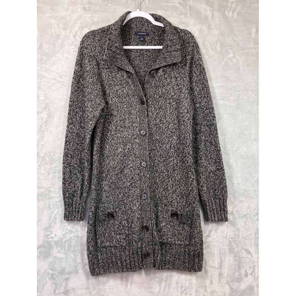 Lands End Womens M 10-12 Marled Wool Cashmere Blend Long Cardigan Sweater Black
